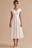 White A Line V-Neck Ruched Cap Sleeves Midi Engagement Dress