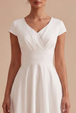 White A Line V-Neck Ruched Cap Sleeves Midi Engagement Dress