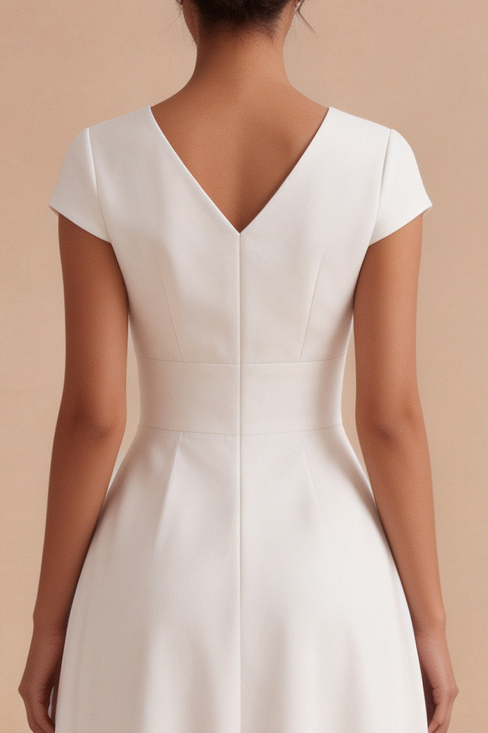 White A Line V-Neck Ruched Cap Sleeves Midi Engagement Dress