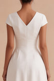 White A Line V-Neck Ruched Cap Sleeves Midi Engagement Dress