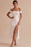 White Corset Ruched Off the Shoulder Midi Engagement Dress with Slit