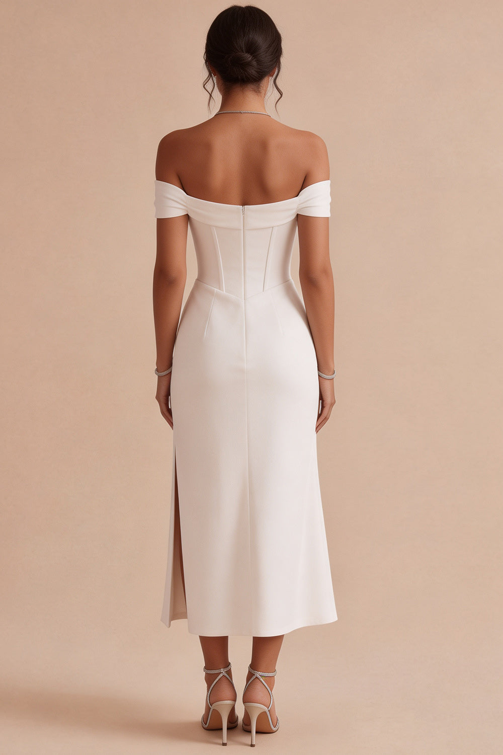 White Corset Ruched Off the Shoulder Midi Engagement Dress with Slit