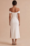 White Corset Ruched Off the Shoulder Midi Engagement Dress with Slit