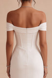 White Corset Ruched Off the Shoulder Midi Engagement Dress with Slit