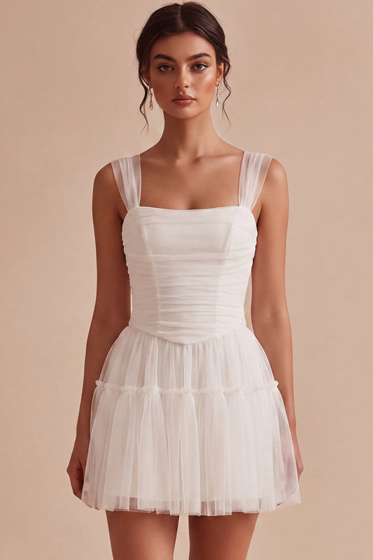White Corset Tulle A Line Thick Straps Short Graduation Dress