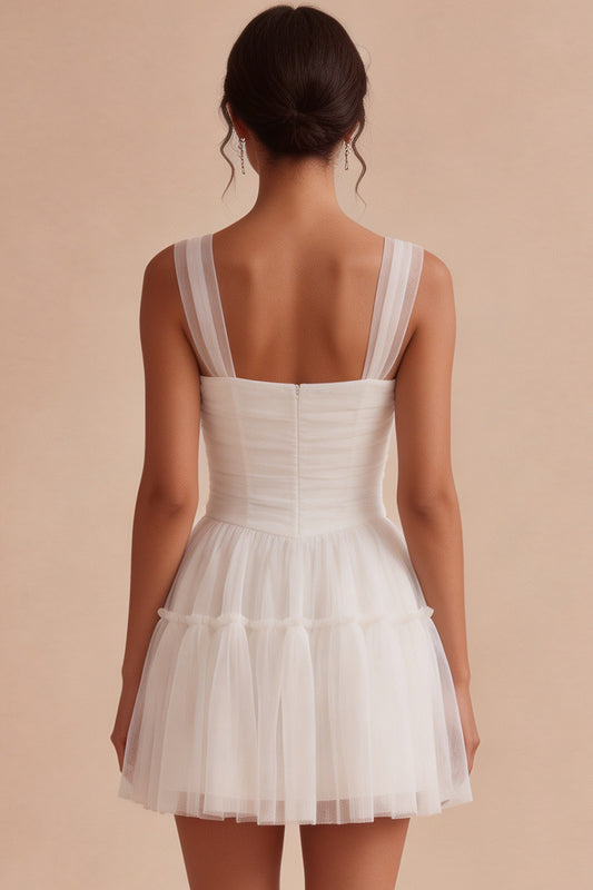 White Corset Tulle A Line Thick Straps Short Graduation Dress