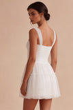 White Corset Tulle A Line Thick Straps Short Graduation Dress