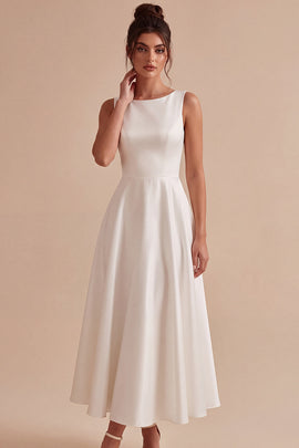 Simple White Satin A Line Boat Neck Maxi Engagement Dress