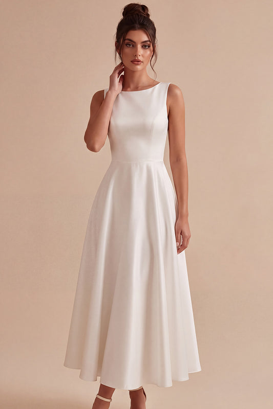Simple White Satin A Line Boat Neck Maxi Engagement Dress