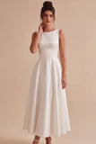 Simple White Satin A Line Boat Neck Maxi Engagement Dress