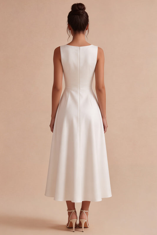 Simple White Satin A Line Boat Neck Maxi Engagement Dress