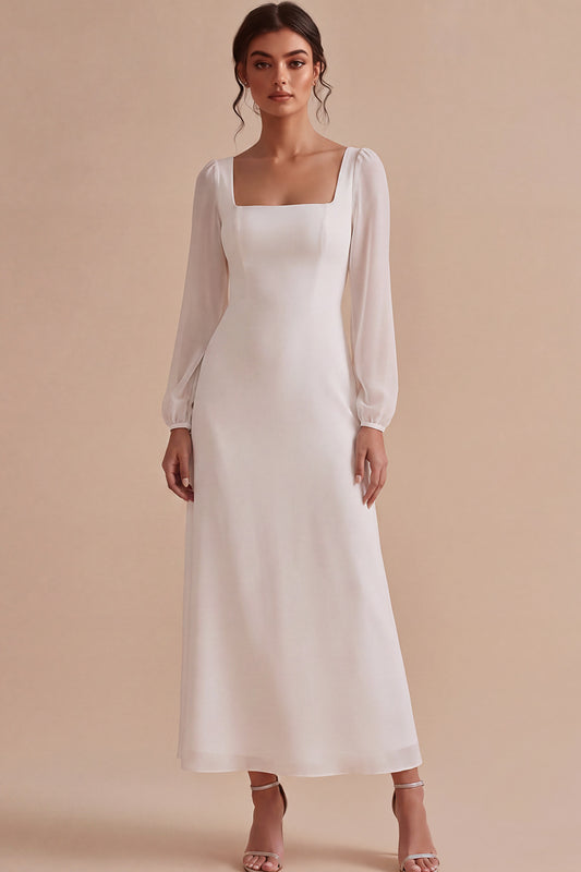 White Sheath Chiffon Square Neck Long Sleeves Engagement Dress