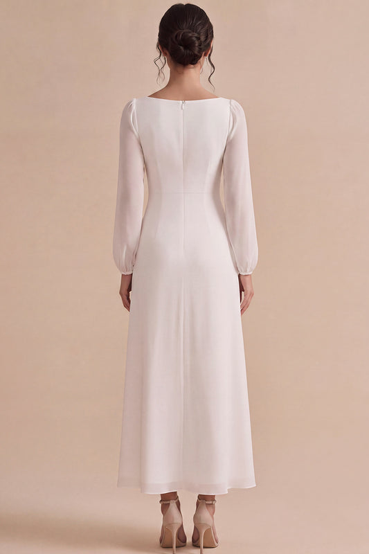 White Sheath Chiffon Square Neck Long Sleeves Engagement Dress