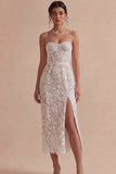 White Lace Floral Corset Sheath Midi Engagement Dress with Slit