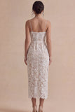 White Lace Floral Corset Sheath Midi Engagement Dress with Slit