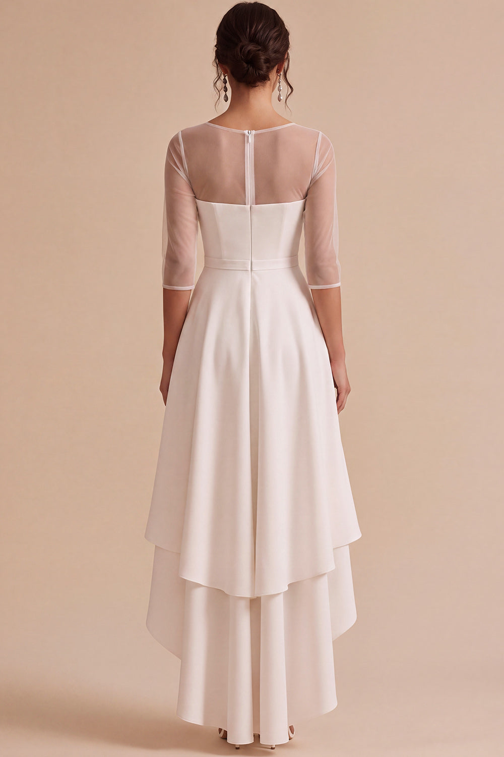 White Corset A Line Tiered High-Low Engagement Dress with Sleeves