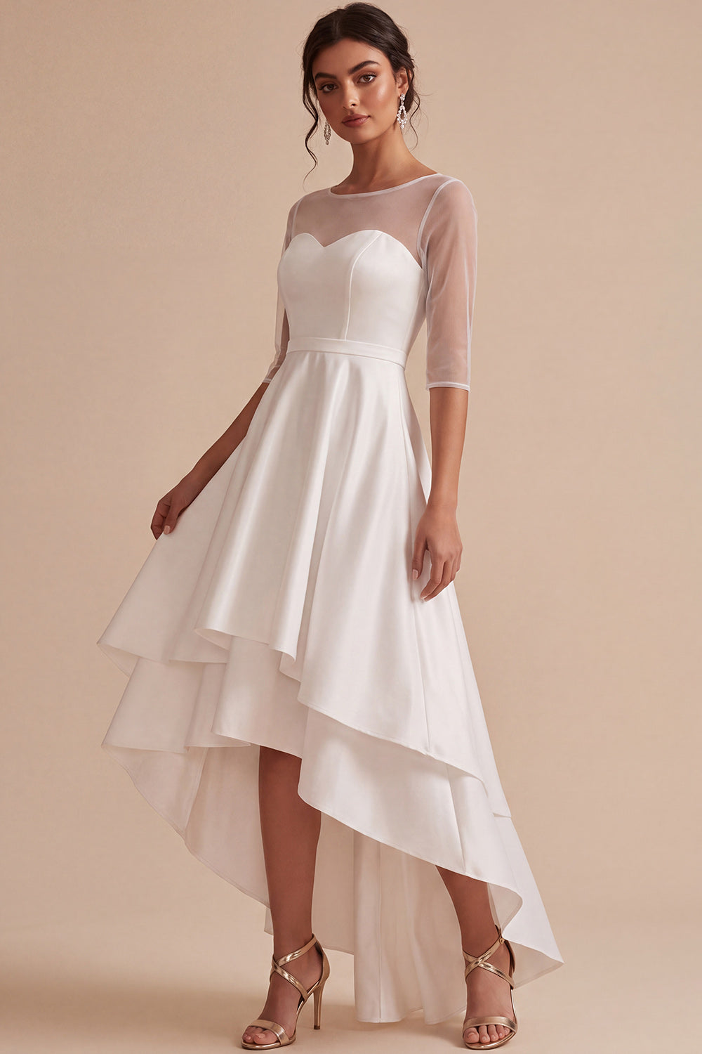 White Corset A Line Tiered High-Low Engagement Dress with Sleeves