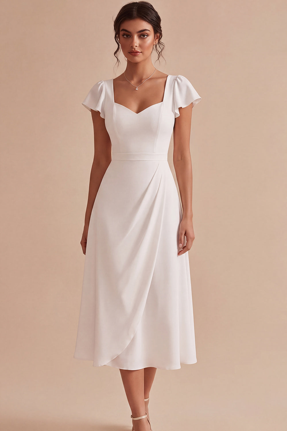 White A Line Corset Ruched Midi Engagement Dress with Sleeves