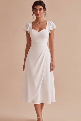 White A Line Corset Ruched Midi Engagement Dress with Sleeves