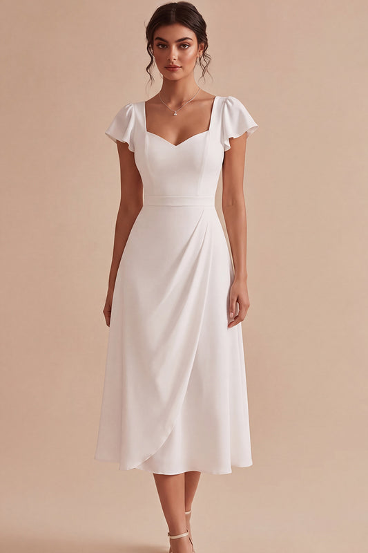 White A Line Ruched Midi Engagement Dress with Sleeves
