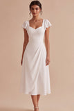 White A Line Corset Ruched Midi Engagement Dress with Sleeves