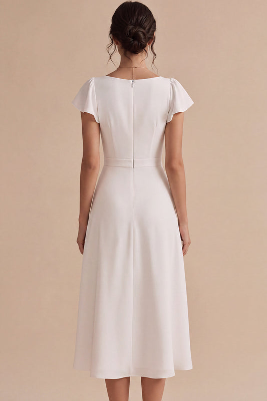 White A Line Ruched Midi Engagement Dress with Sleeves