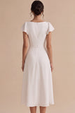 White A Line Corset Ruched Midi Engagement Dress with Sleeves