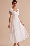 White A Line Corset Ruched Midi Engagement Dress with Sleeves