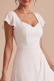 White A Line Corset Ruched Midi Engagement Dress with Sleeves