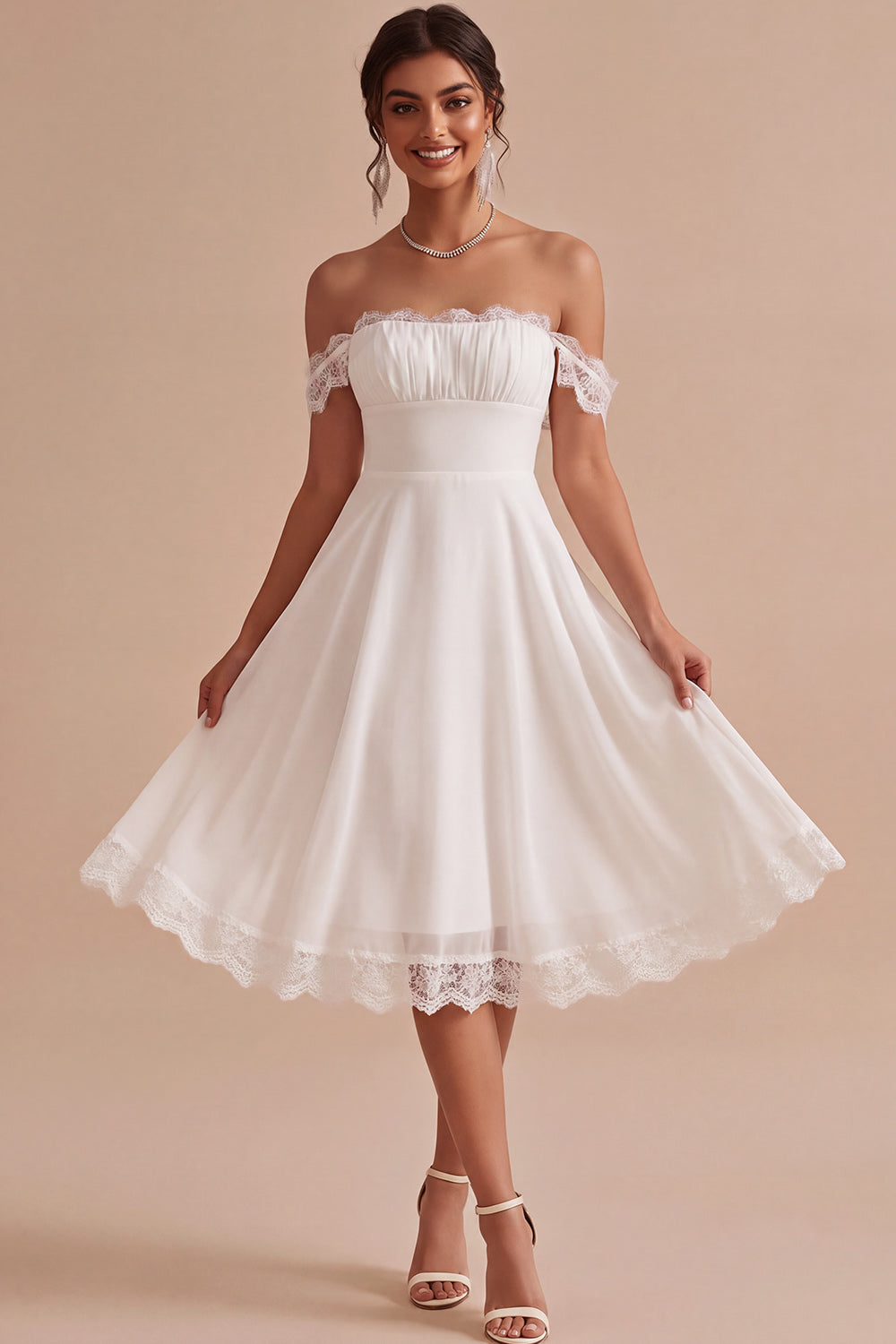 White Lace A Line Off the Shoulder Chiffon Ruched Midi Graduation Dress