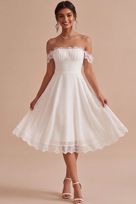White Lace A Line Off the Shoulder Chiffon Ruched Midi Graduation Dress