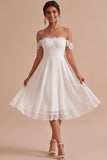 White Lace A Line Off the Shoulder Chiffon Ruched Midi Graduation Dress