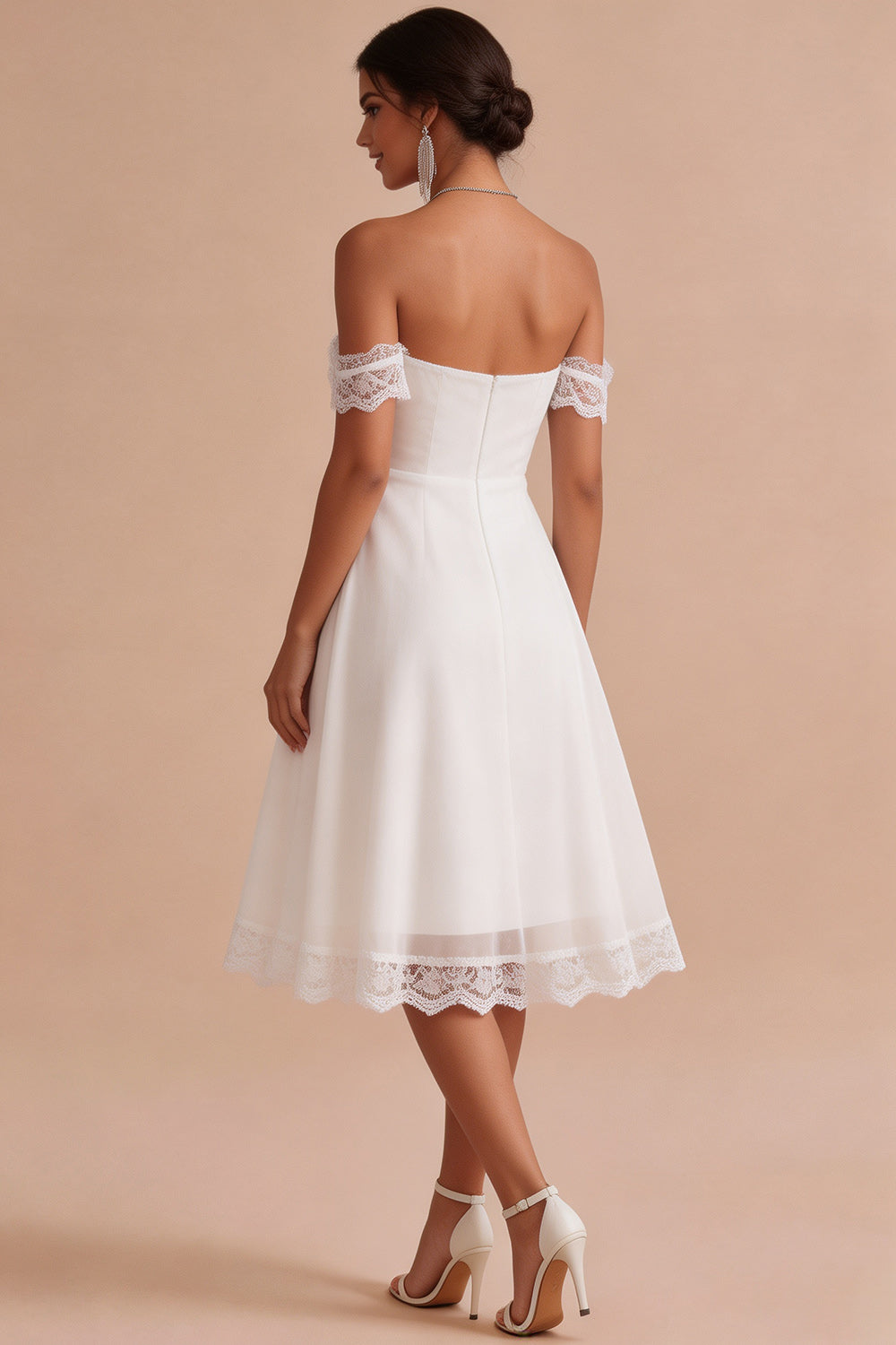 White Lace A Line Off the Shoulder Chiffon Ruched Midi Graduation Dress