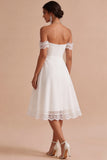 White Lace A Line Off the Shoulder Chiffon Ruched Midi Graduation Dress