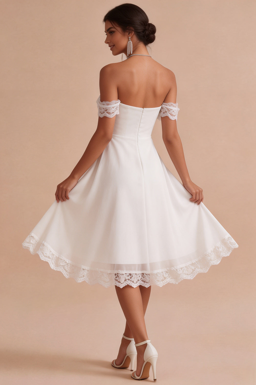 White Lace A Line Off the Shoulder Chiffon Ruched Midi Graduation Dress