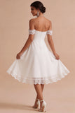 White Lace A Line Off the Shoulder Chiffon Ruched Midi Graduation Dress