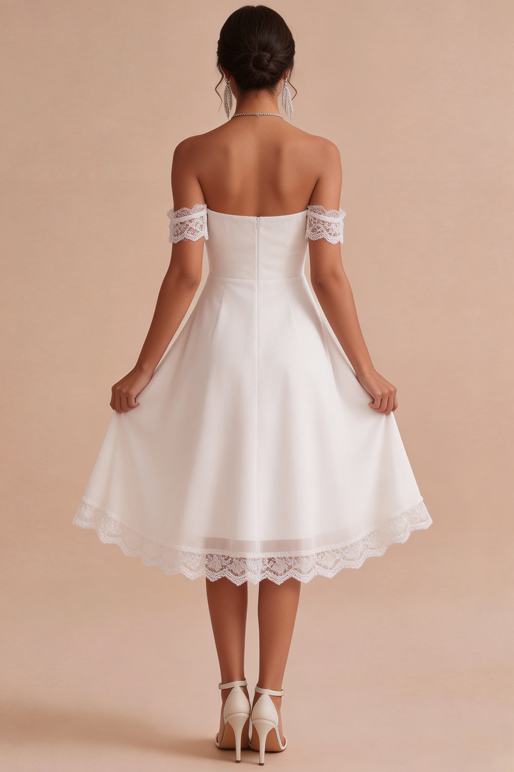 White Lace A Line Off the Shoulder Chiffon Ruched Midi Graduation Dress
