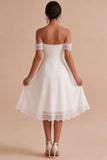 White Lace A Line Off the Shoulder Chiffon Ruched Midi Graduation Dress