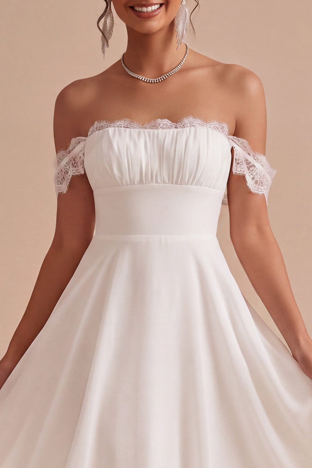 White Lace A Line Off the Shoulder Chiffon Ruched Midi Graduation Dress