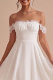White Lace A Line Off the Shoulder Chiffon Ruched Midi Graduation Dress