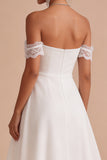 White Lace A Line Off the Shoulder Chiffon Ruched Midi Graduation Dress