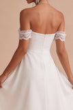 White Lace A Line Off the Shoulder Chiffon Ruched Midi Graduation Dress