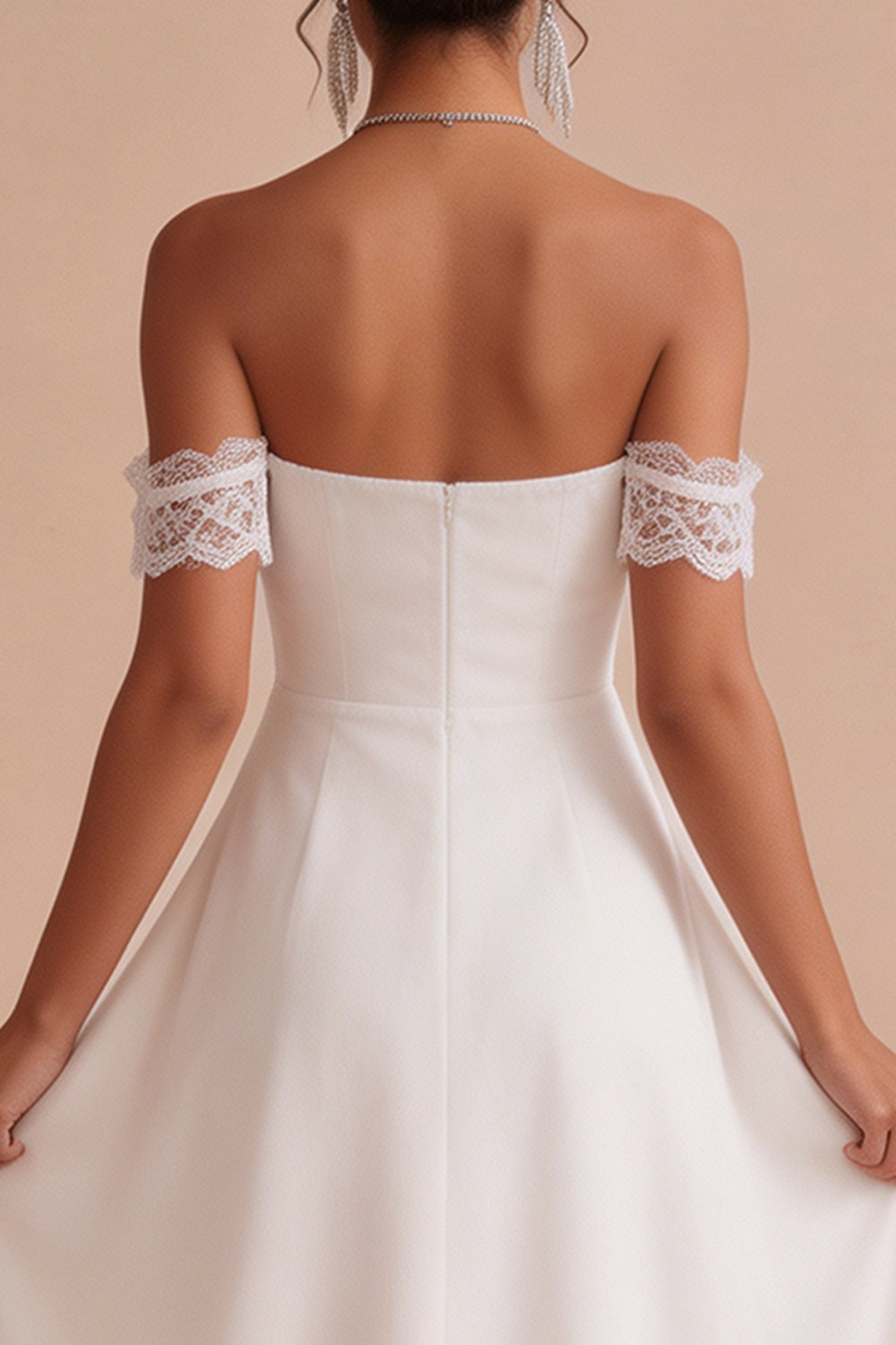 White Lace A Line Off the Shoulder Chiffon Ruched Midi Graduation Dress