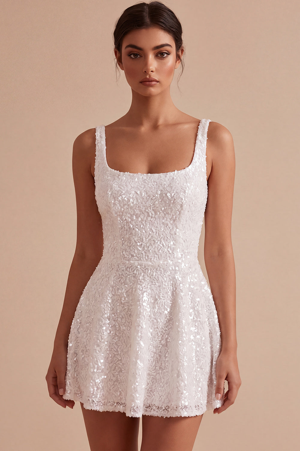 Sparkly White Sequin A Line Square Neck Short Graduation Dress