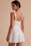Sparkly White Sequin A Line Square Neck Short Graduation Dress