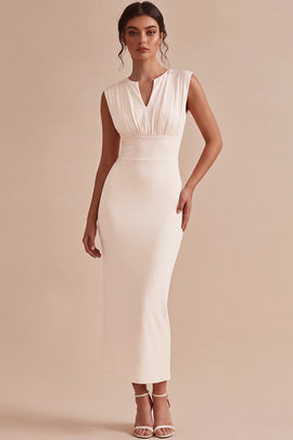 White Sheath V-Neck Ruched Maxi Engagement Dress with Slit