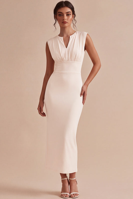 White Sheath V-Neck Ruched Maxi Engagement Dress with Slit
