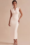 White Sheath V-Neck Ruched Maxi Engagement Dress with Slit