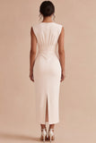 White Sheath V-Neck Ruched Maxi Engagement Dress with Slit