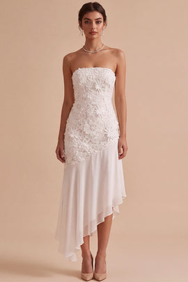 White Floral Strapless Sheath Asymmetrical Engagement Dress